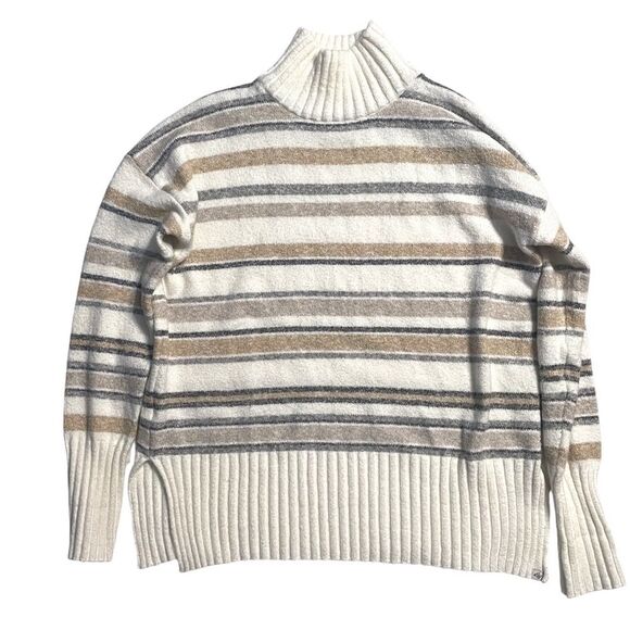 EDDIE BAUER Striped Top Sweater Mock turtleneck, Medium. Striped creamy white - Picture 7 of 9